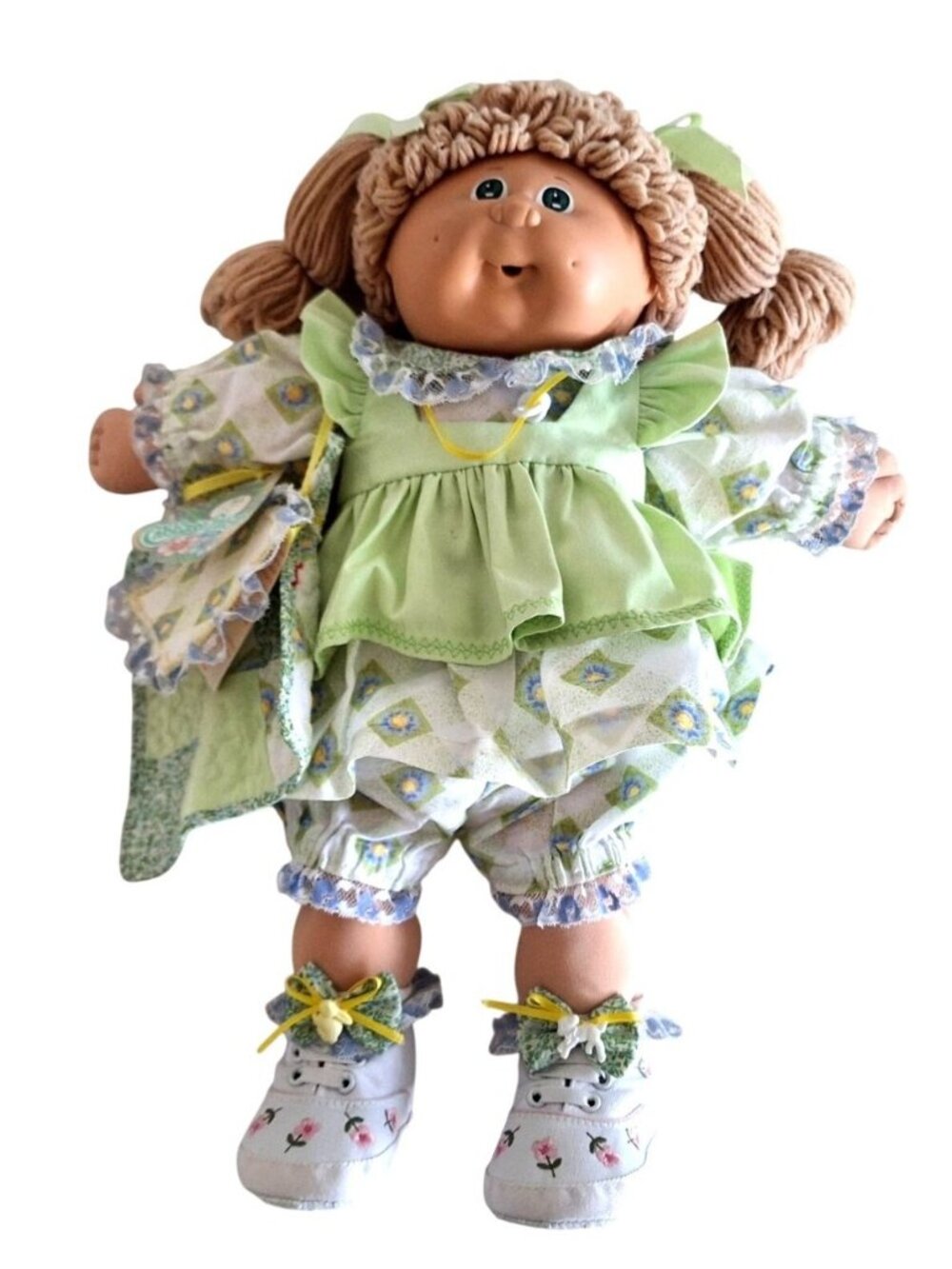 1985 Cabbage Patch Kid PMI Green Signage Tan Hair Blue Eyes +Scarlet Thread Card